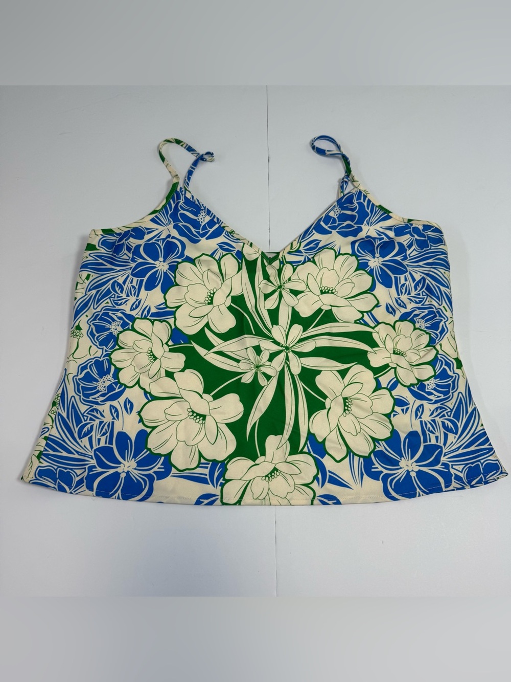 Gianni Bini Floral Print Spaghetti Strap Tank Top in Blue, Green & Cream